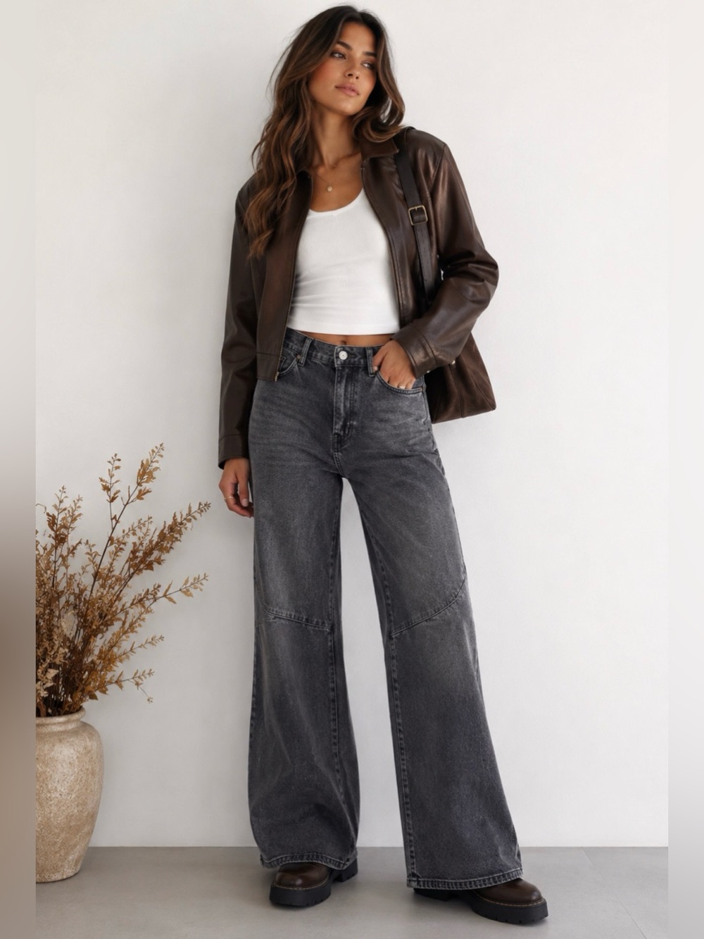 Zara Charcoal Gray High Rise Wide Leg Jeans Size 10